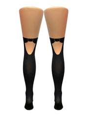 Italian-Made Faux Thigh-High Tights with Bow & Keyhole Detail