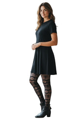 Silver Legs black floral banded lace tights made in Italy, nylon and Lycra blend, sheer patterned legwear.