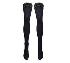 Italian 40 Denier Black Lace Top Hold-Ups with Intricate Baby Pink Squares Detailing