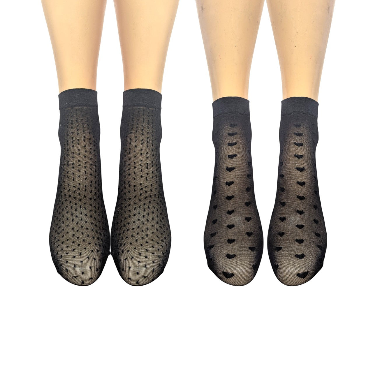 Spots & Hearts 15 Denier Anklets (5 Pair Assorted Pack in Black or Natural) Made In Italy