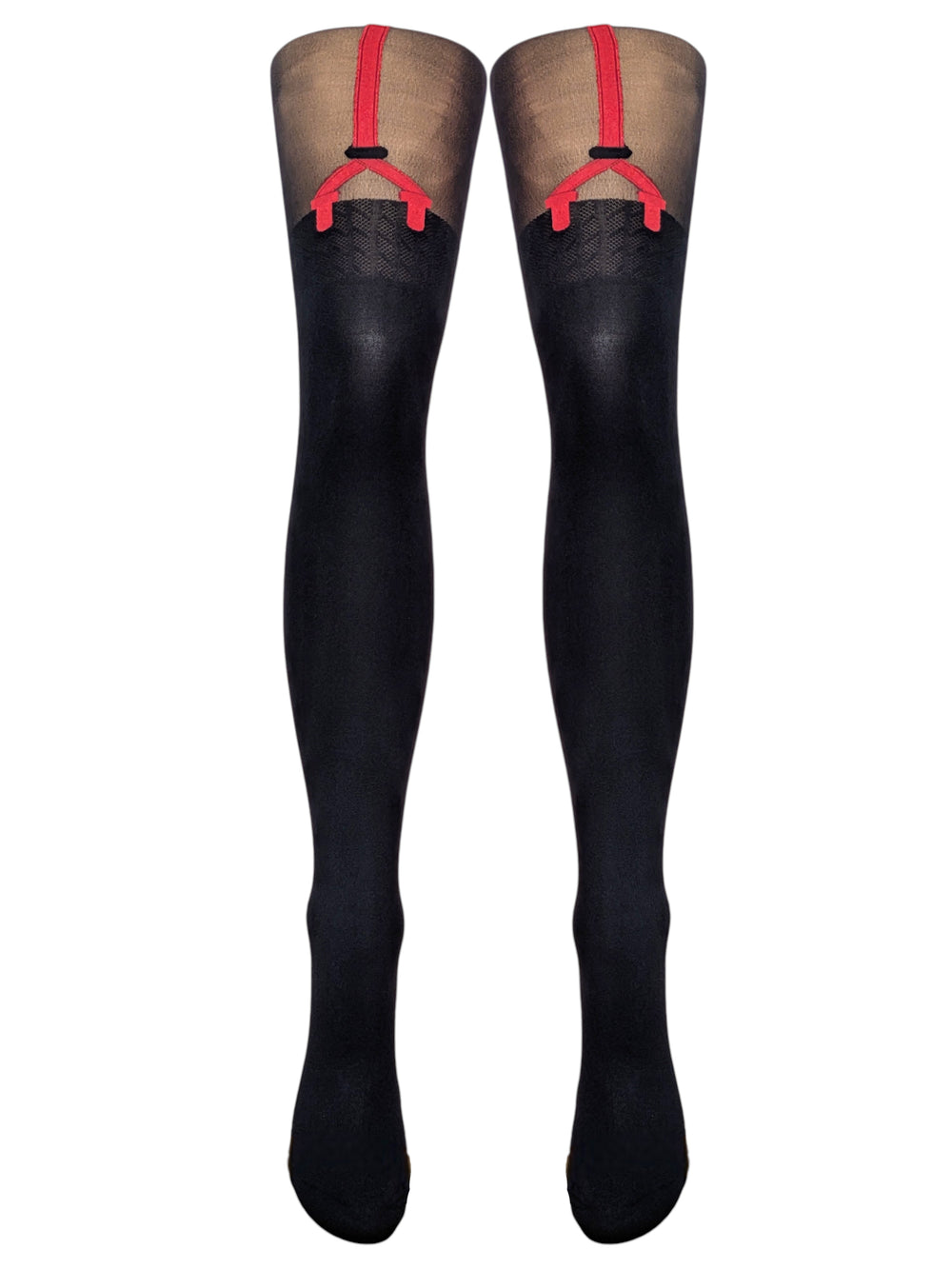 Italian mock hold-up tights with woven red suspender belt design and opaque black stocking effect.
