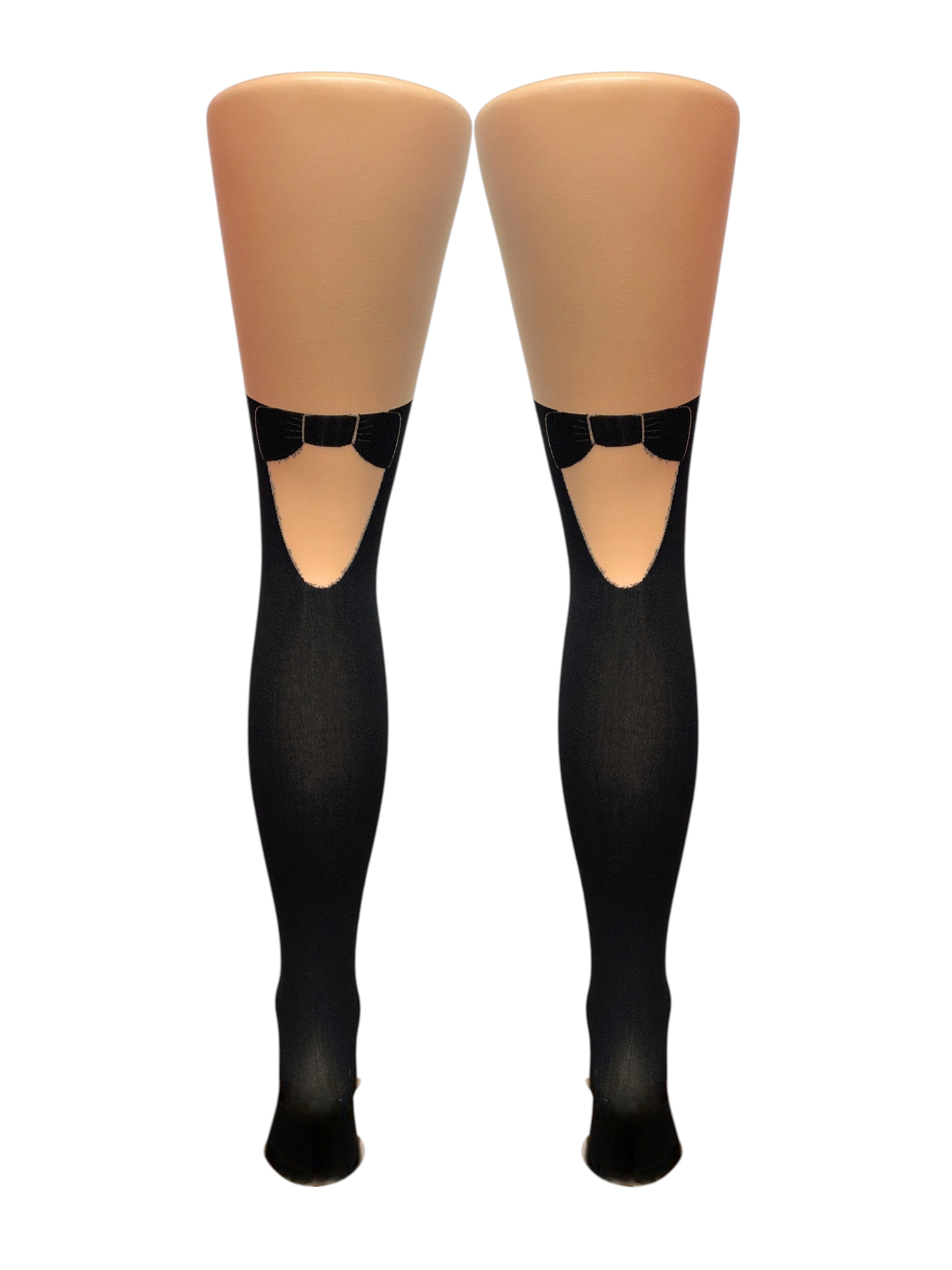 Italian-Made Faux Thigh-High Tights with Bow & Keyhole Detail