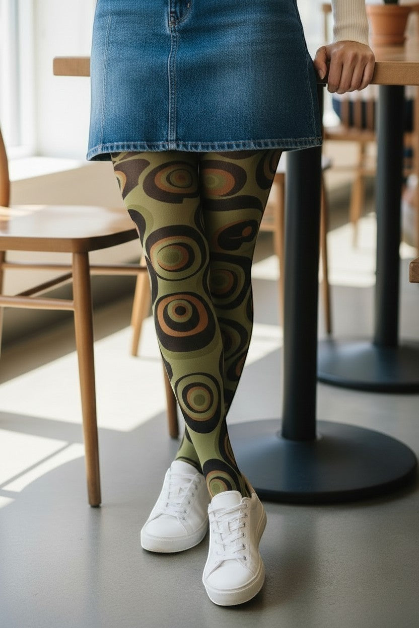 Silver Legs Swinging Sixties printed tights in olive, ochre, and chocolate concentric circles. Made in Italy.