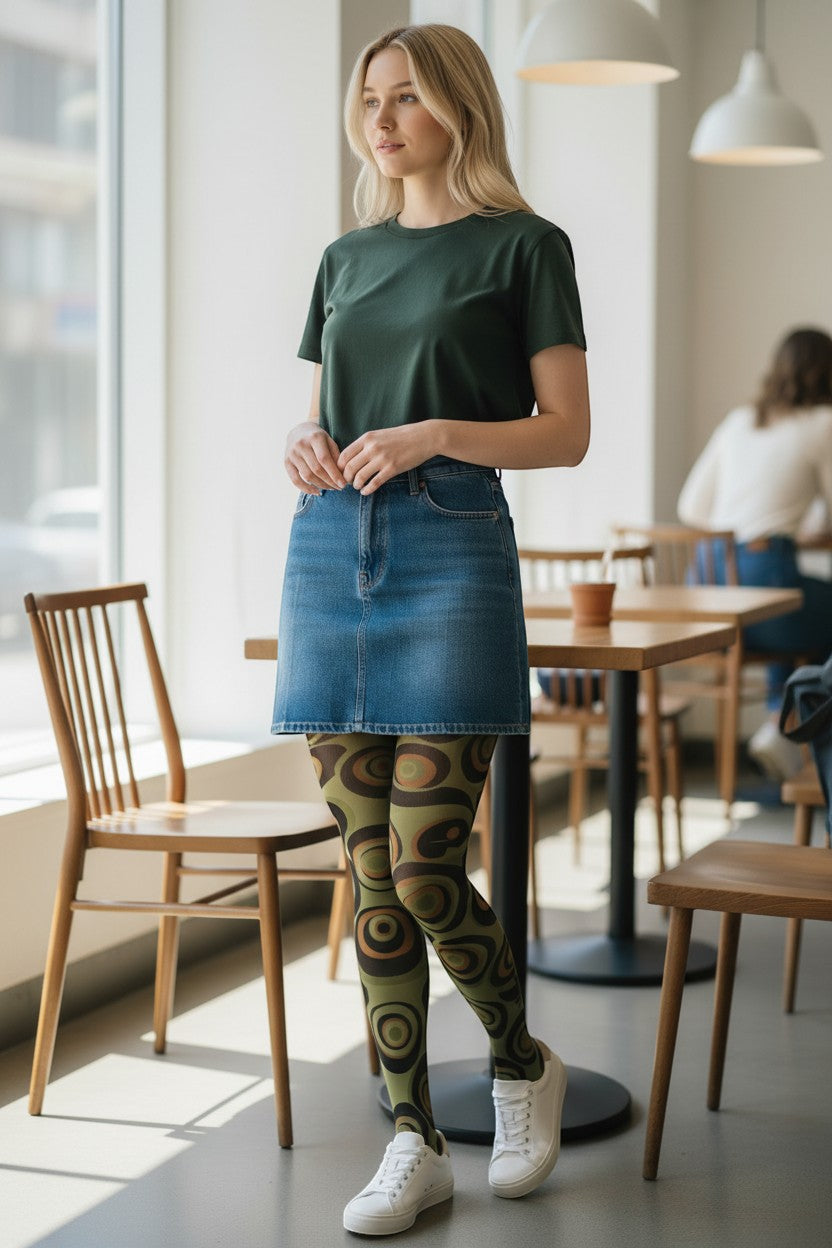 Silver Legs retro swirl pattern tights in olive green, brown, and burnt orange. Stretchy, comfortable fabric.