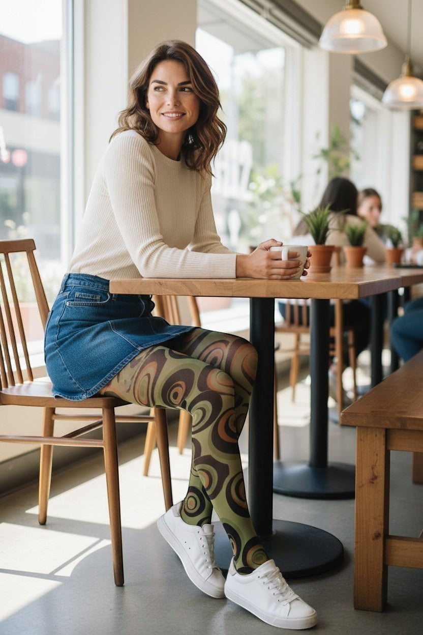 Silver Legs Swinging Sixties printed tights in olive, ochre, and chocolate concentric circles. Made in Italy.