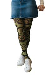Silver Legs Swinging Sixties printed tights in olive, ochre, and chocolate concentric circles. Made in Italy.