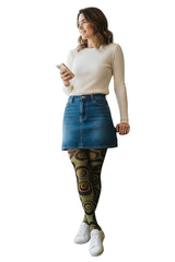 Silver Legs Swinging Sixties printed tights in olive, ochre, and chocolate concentric circles. Made in Italy.